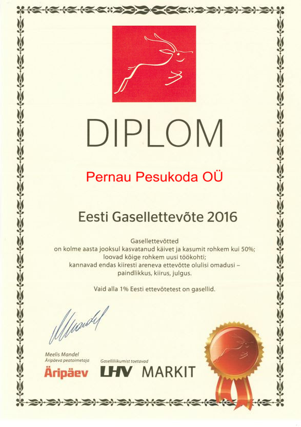 Eesti Gaselletevote 2016 Pernau Pesukoda OÜ diplom